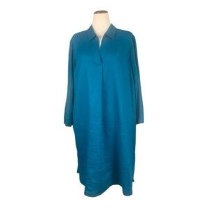J Jill 100% Linen Teal Long Sleeve Coastal Minimalist Tunic Midi Dress Scandi XL